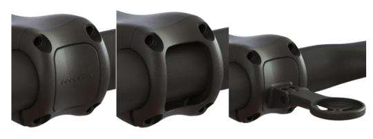 Recalled faceplate designs (left with blanking plate; middle without insert; right with accessory mount)